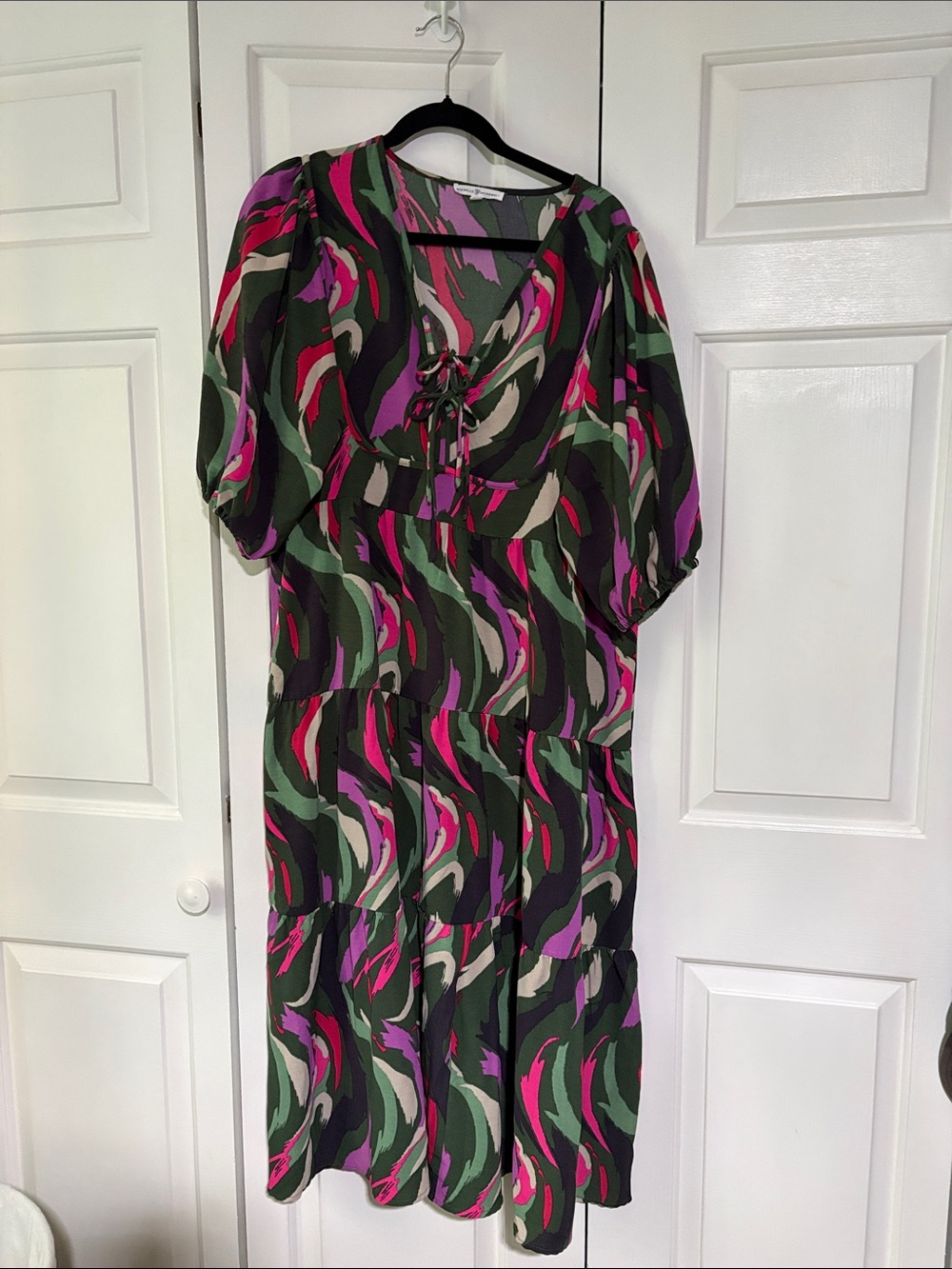 Michelle Mc Dowell Flowing Tiered Midi Dress in Green & Pink Print
